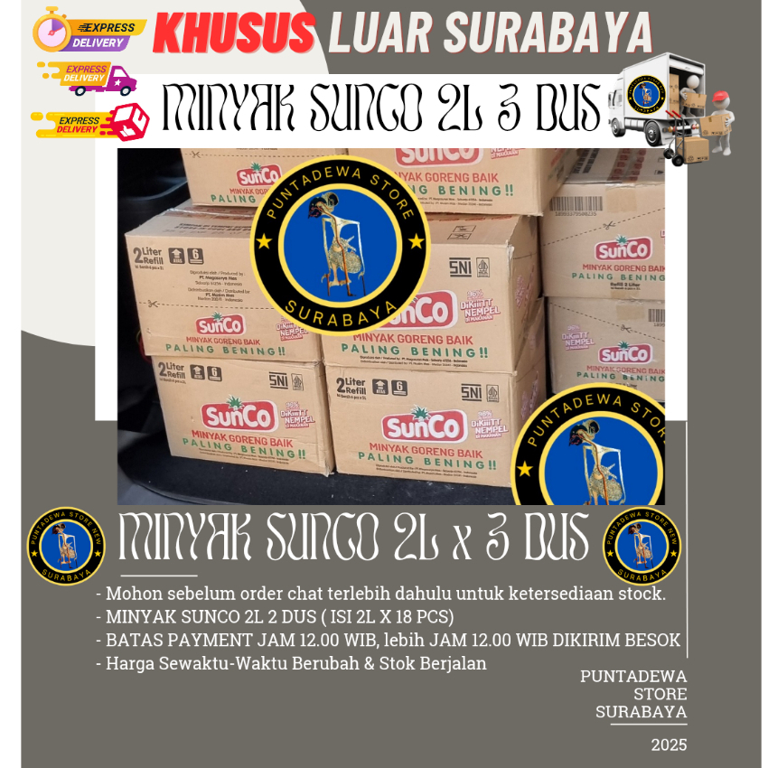 

Minyak goreng sunco 2L murah | Minyak Goreng Sunco 2L x 3 Dus KHUSUS LUAR SURABAYA (CARGO)