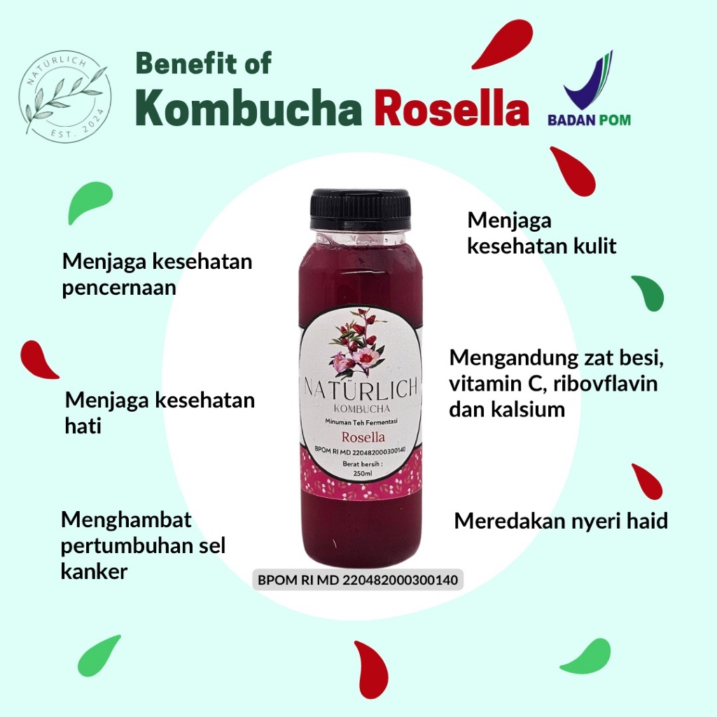 

Kombucha Rosella Naturlich, teh fermentasi kaya probiotik, detox 250 ml