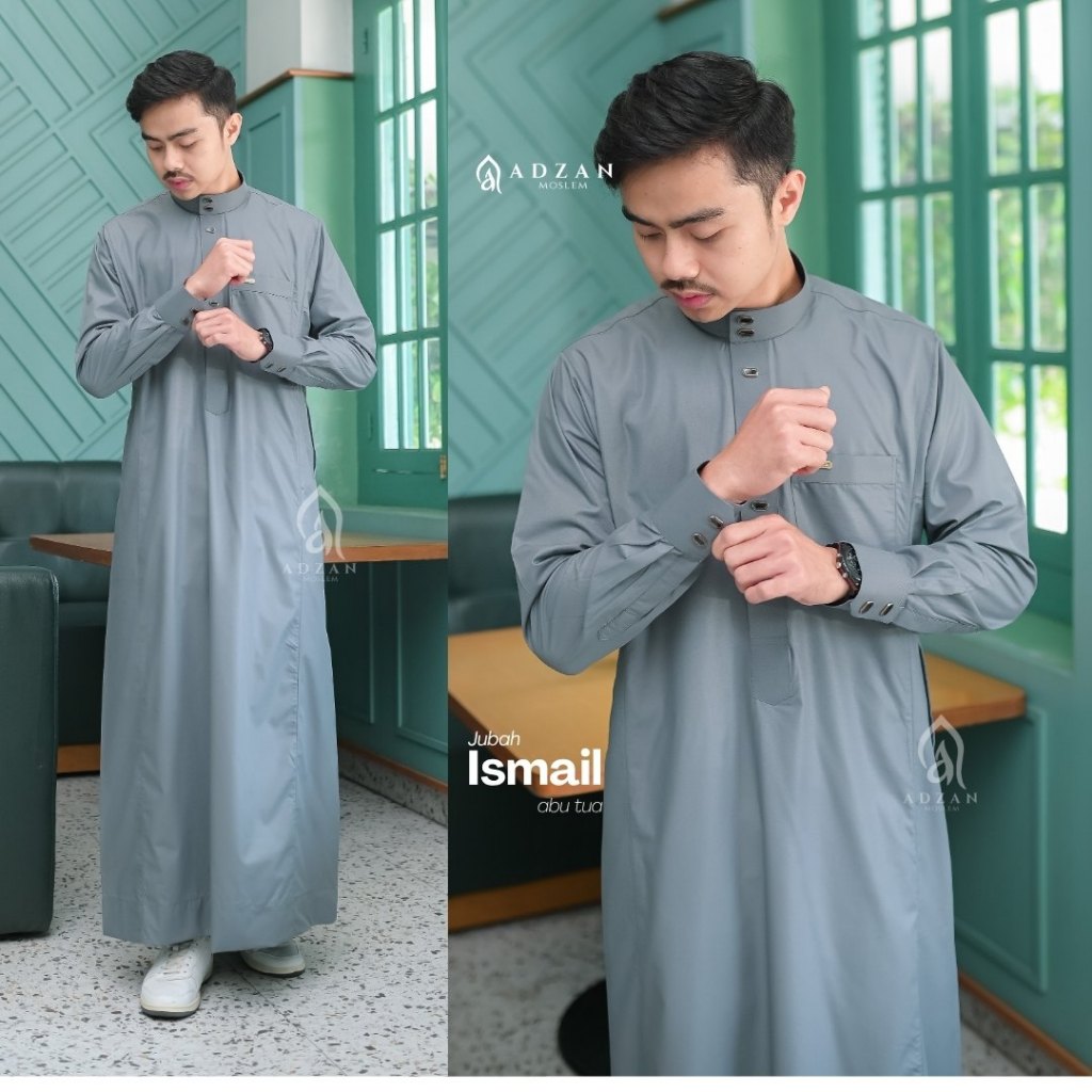 Adzan Moslem - Jubah Gamis Thobe Slimfit Pria Ismail Warna Abu Tua