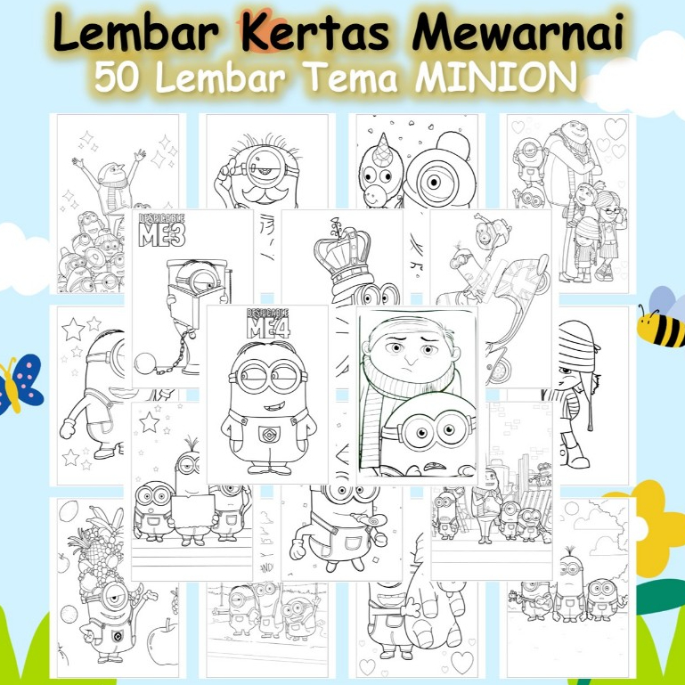 

Kertas Gambar Mewarnai 50 Lembar - Lembar Mewarnai Anak Tema DESPICABLE ME MINIONS - Coloring Pages A4 A5 80 GSM
