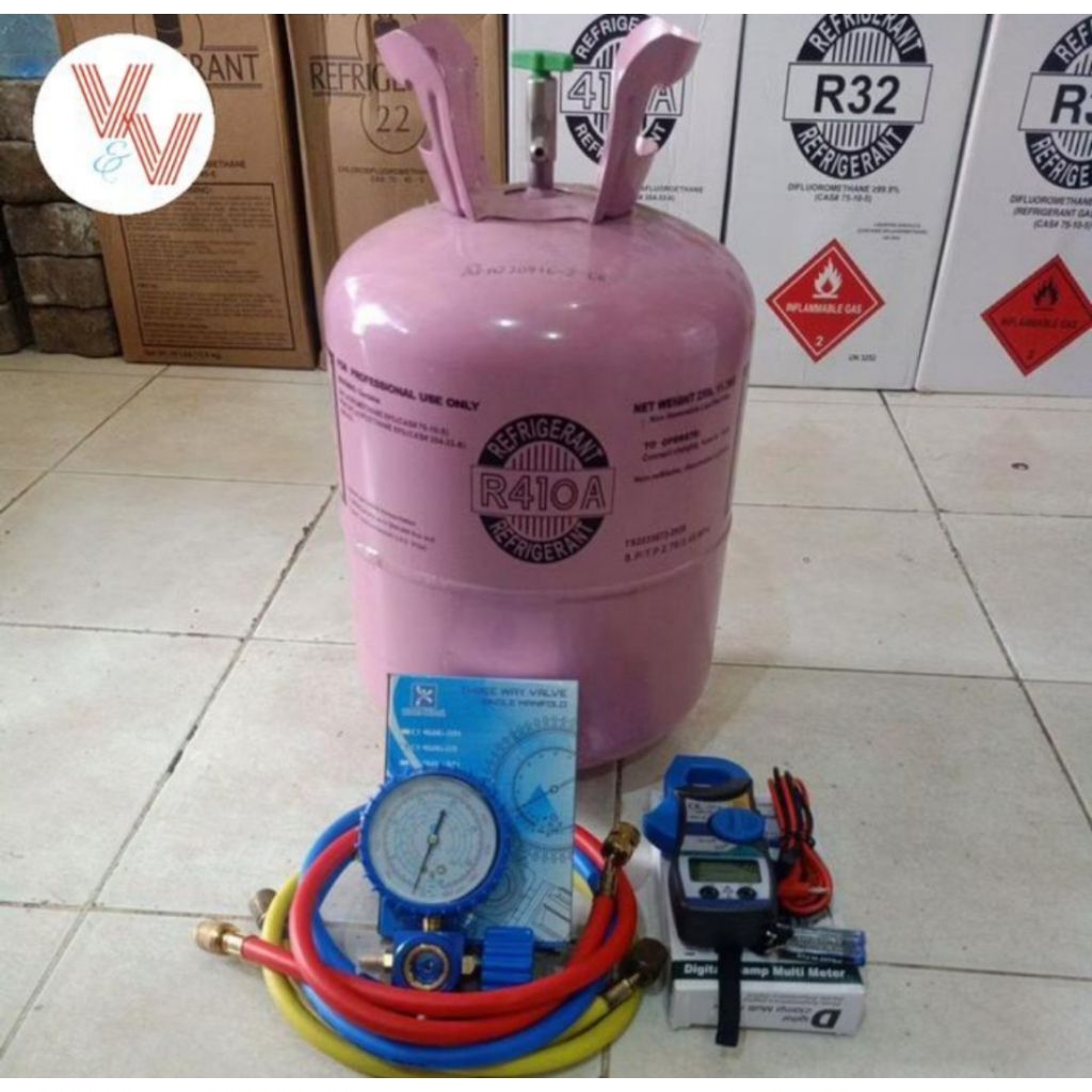 Paket isi refrigerant R410A/R 410/R410 isi 1 kg+1 set selang+manifold+tang amper