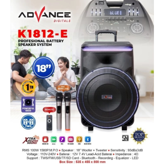 ADVANCE SPEAKER PORTABLE TROLI BLUETOOTH 18INCH K-1812E