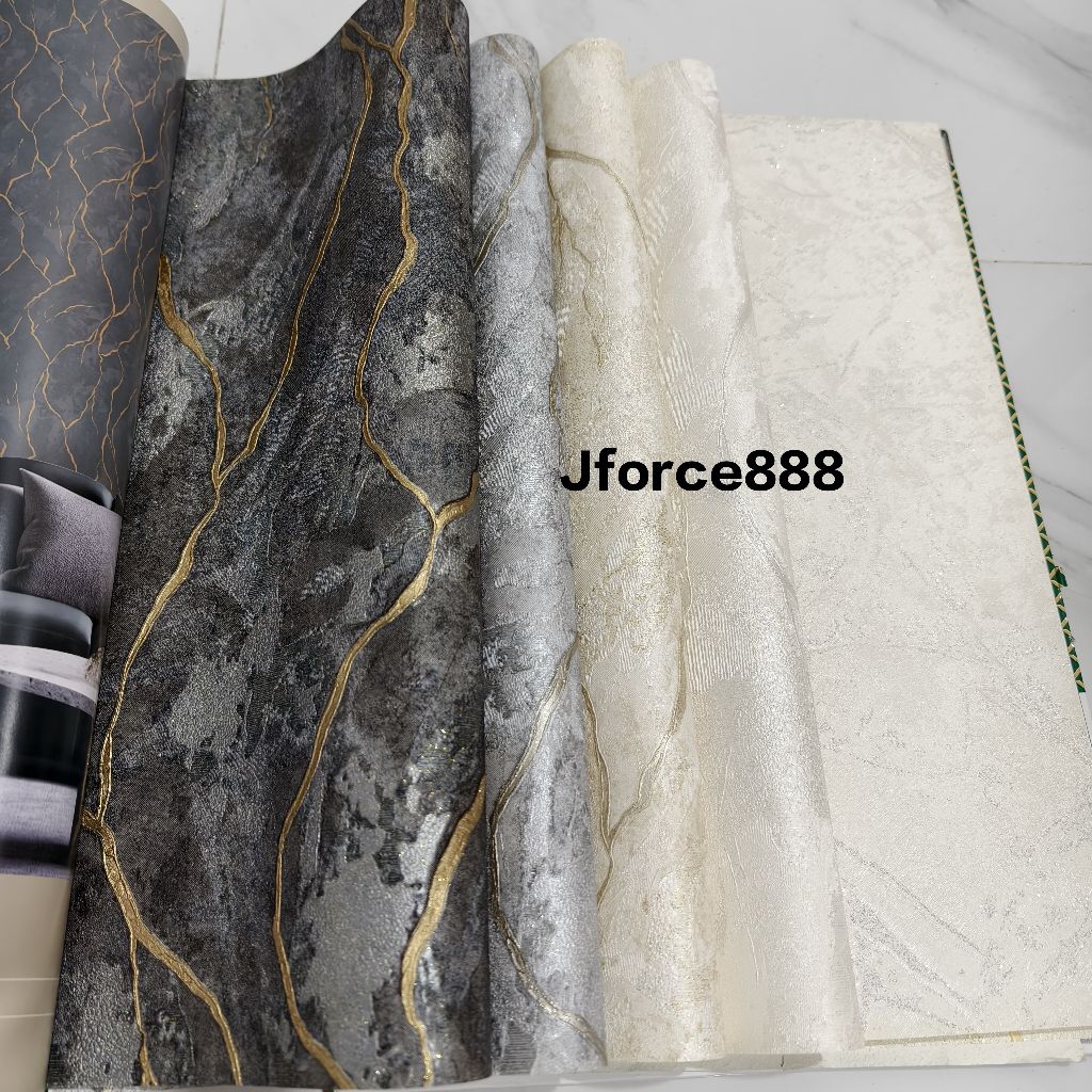 Wallpaper motif marmer berglitter Abu-abu Silver Cream Putih