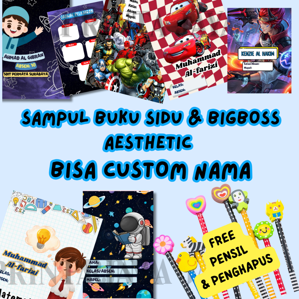 

Sampul Buku Custom Nama Aesthetic Cowok Kekinian | Cover Buku 10 pcs + Free Pensil & Penghapus