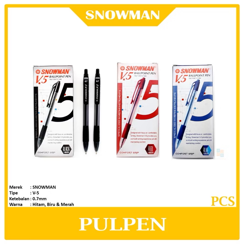 

BALLPOINTNSNOWMAN V-5 MERAH/HITAM/BIRU 1 PACK ISI 12 Pcs