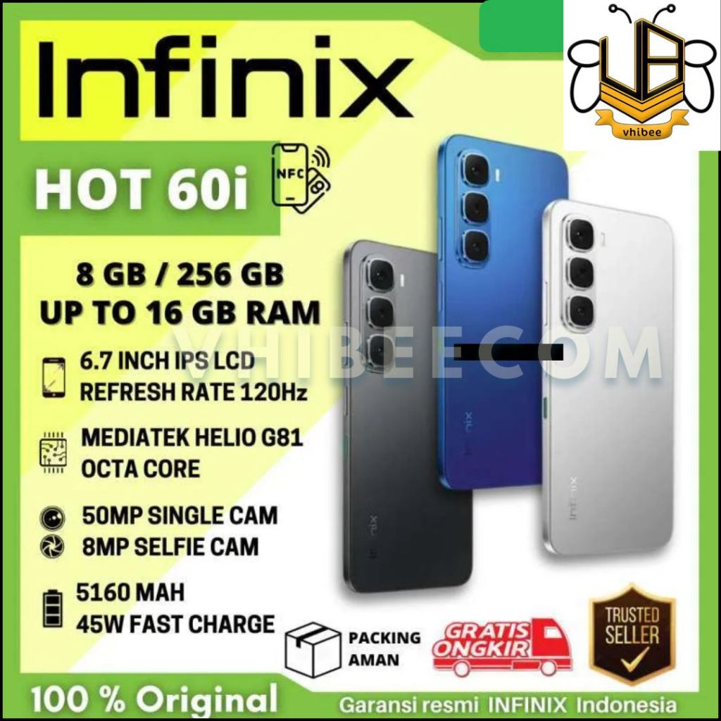 INFINIX HOT 60 8/256 GB RAM 8GB ROM 256GB Garansi Resmi HP Gaming Murah Layar Besar, Baterai 5000mAh