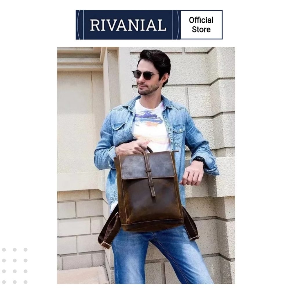Rivanial Tas Ransel Laptop kulit asli untuk pria, tas ransel