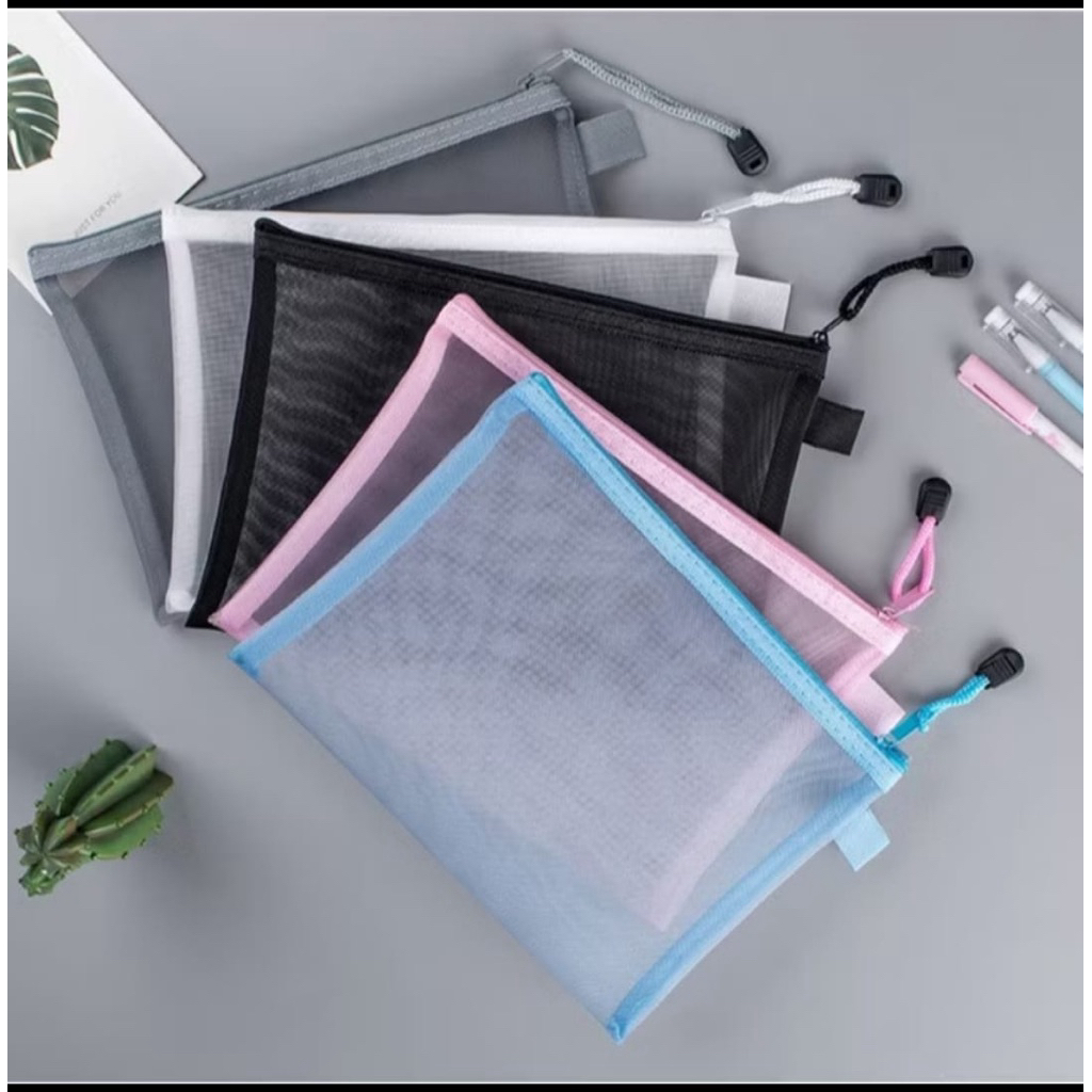 

Pouch Tempat Pensil Jaring Transparan A5 22 x 18 Zipper Pencil Cosmetic Bag