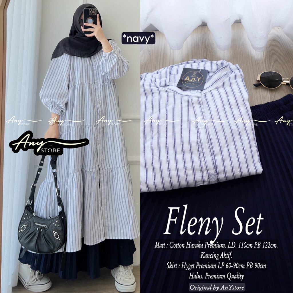 demia fleny set long tunik katun stripe ruffle rok plisket