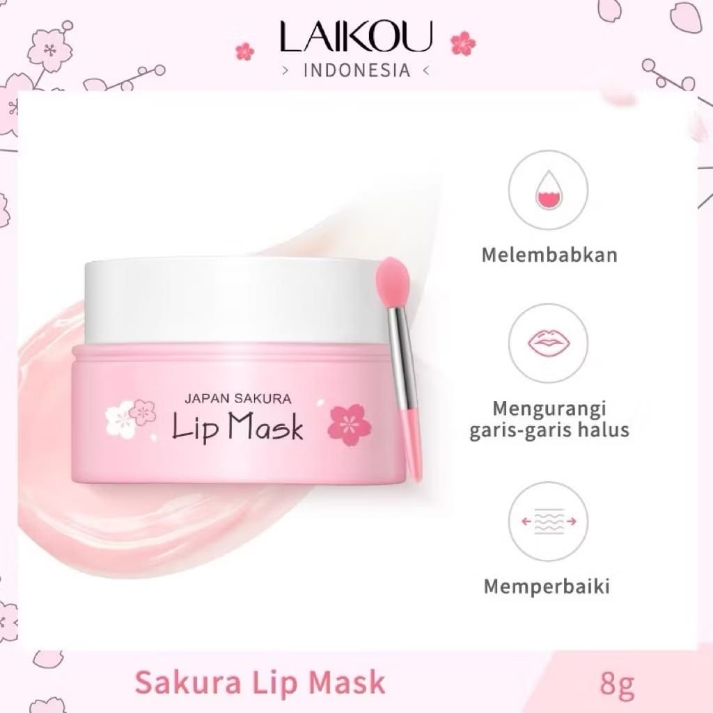 LAIKOU Sakura Lip Sleeping Mask 8g – Masker Bibir Malam, Melembapkan & Mengurangi Kerutan