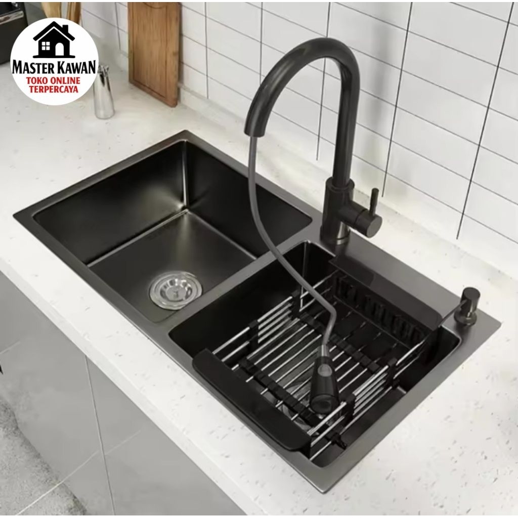Paket Lengkap Kitchen Sink JKM 8245 HITAM + KRAN TARIK FLEKSIBEL HITAM /Sink JKM 8245 BLACK
