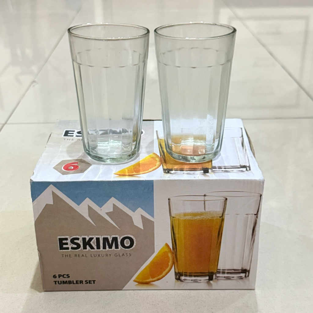satu set gelas teh kaca eskimo isi 6 gelas tinggi polos garis es teh kopi