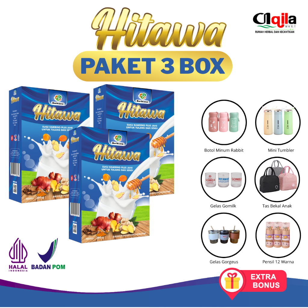 

Free Gelas Cantik ! Paket 3 Dus HITAWA Susu Kambing Etawa PREMIUM plus JAHE MERAH Aqilamart Trangsan