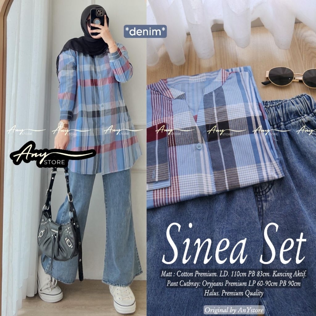 sinea one set wanita kekinian by A.N.Y long tunik garis garis celana jins cutbray celana kulot highw