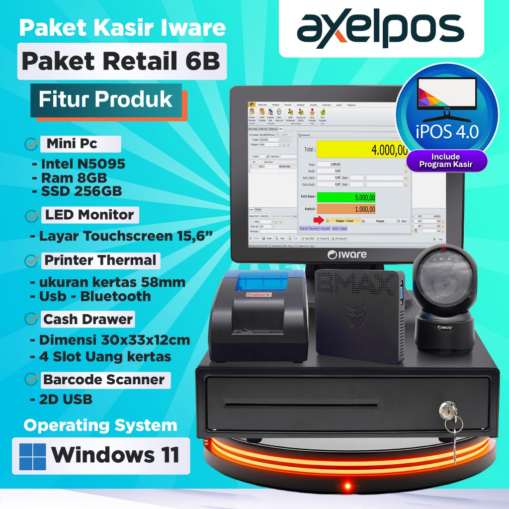 Paket Alat Mesin Kasir Touchscreen Full Set Printer Bluetooth - Cash Drawer - Mini Pc - Barcode Scan