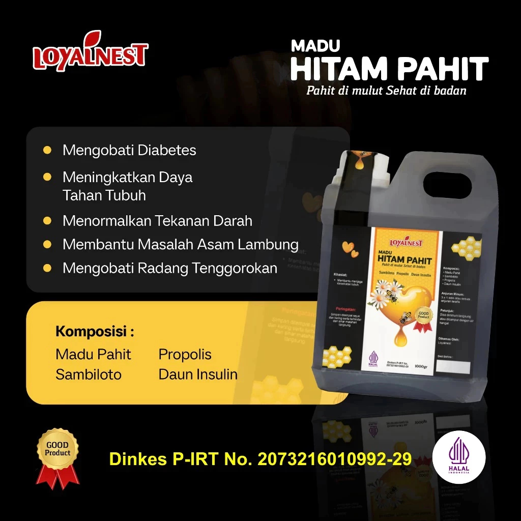 

Madu Hitam Pahit Loyal 1000gr - Madu Hitam Pahit Sambiloto Propolis Daun Insulin