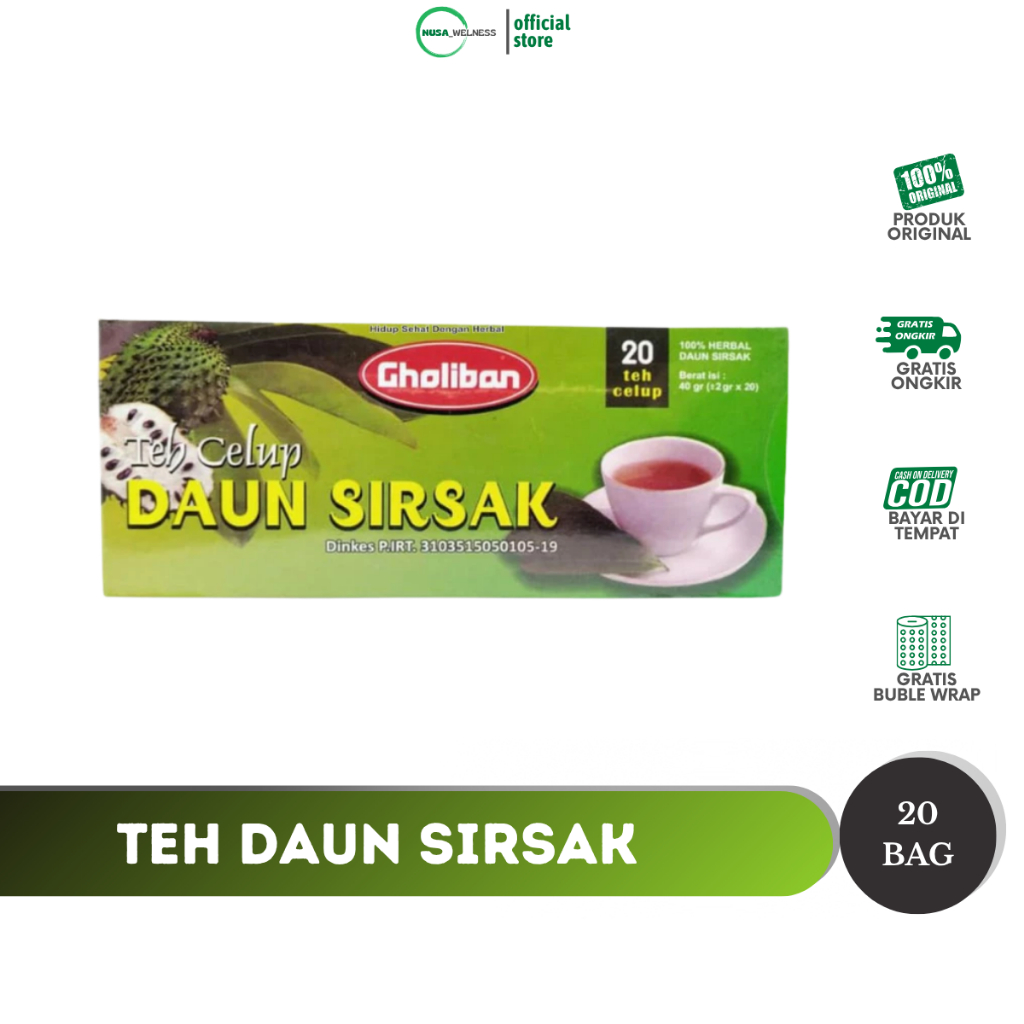 

TEH DAUN SIRSAK GHOLIBAN – Herbal Alami Kaya Antioksidan | bantu lawan sel kanker | tingkatkan imunitas | original 100% | teh celup isi 20 | aman dikonsumsi harian