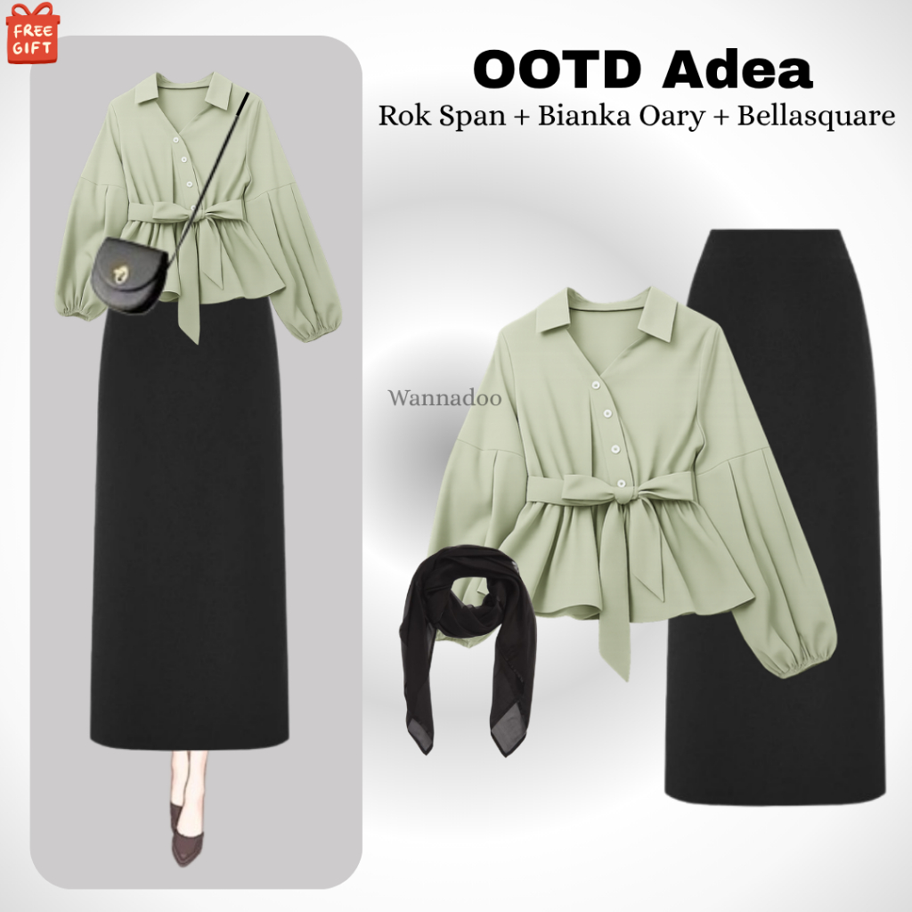 Setelan Hijab Remaja OOTD Adea ( Blouse Oary Sage + Rok Span Hitam + Bellasquare ) Outfit Wanita