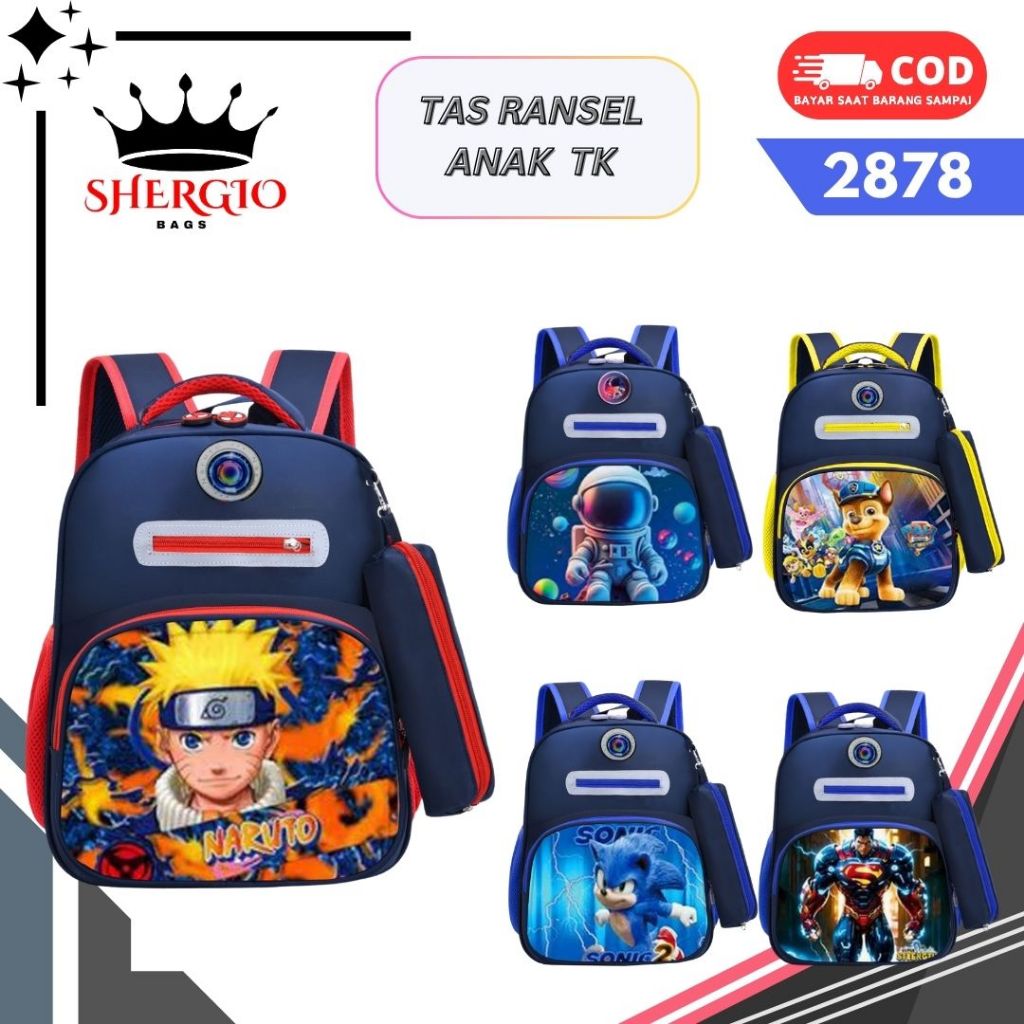 tas ransel anak TK motif karakter anak cowok led lampu 2878