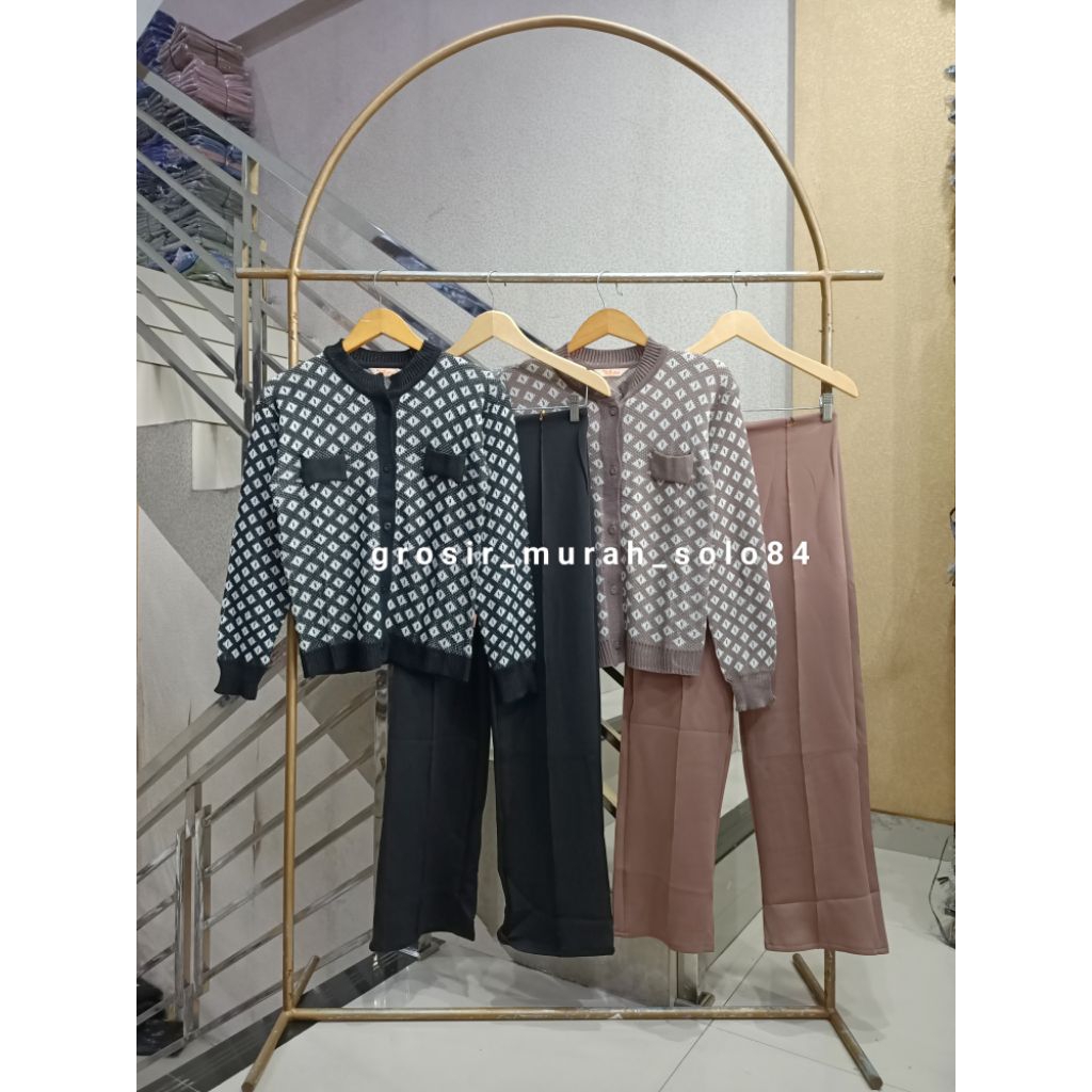 Setelan Wanita Fujiian #2 Atasan Cardigan Rajut + Celana Kulot Bahan Scuba  Terbaru