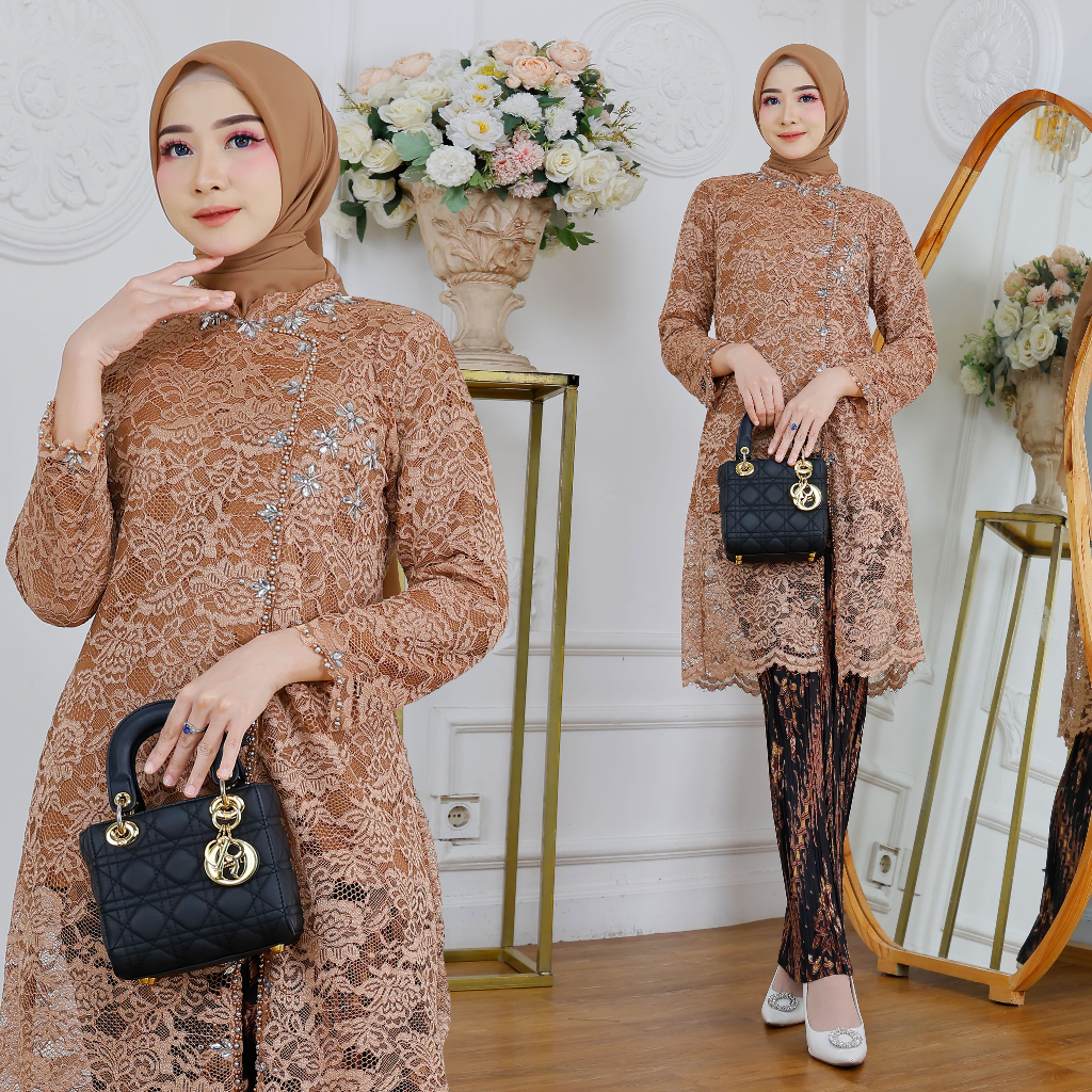 Kebaya Tunik Brokat Muslim Mocca/Set Kebaya Brokat Syafira