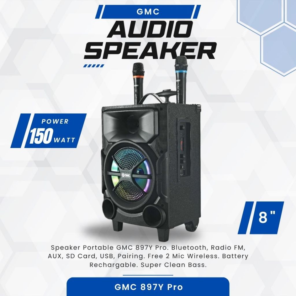 Speaker Bluetooth Portable GMC 897Y Pro 8 Inch / Karaoke Speaker Bluetooth Free 2 Mc Wireless SNI
