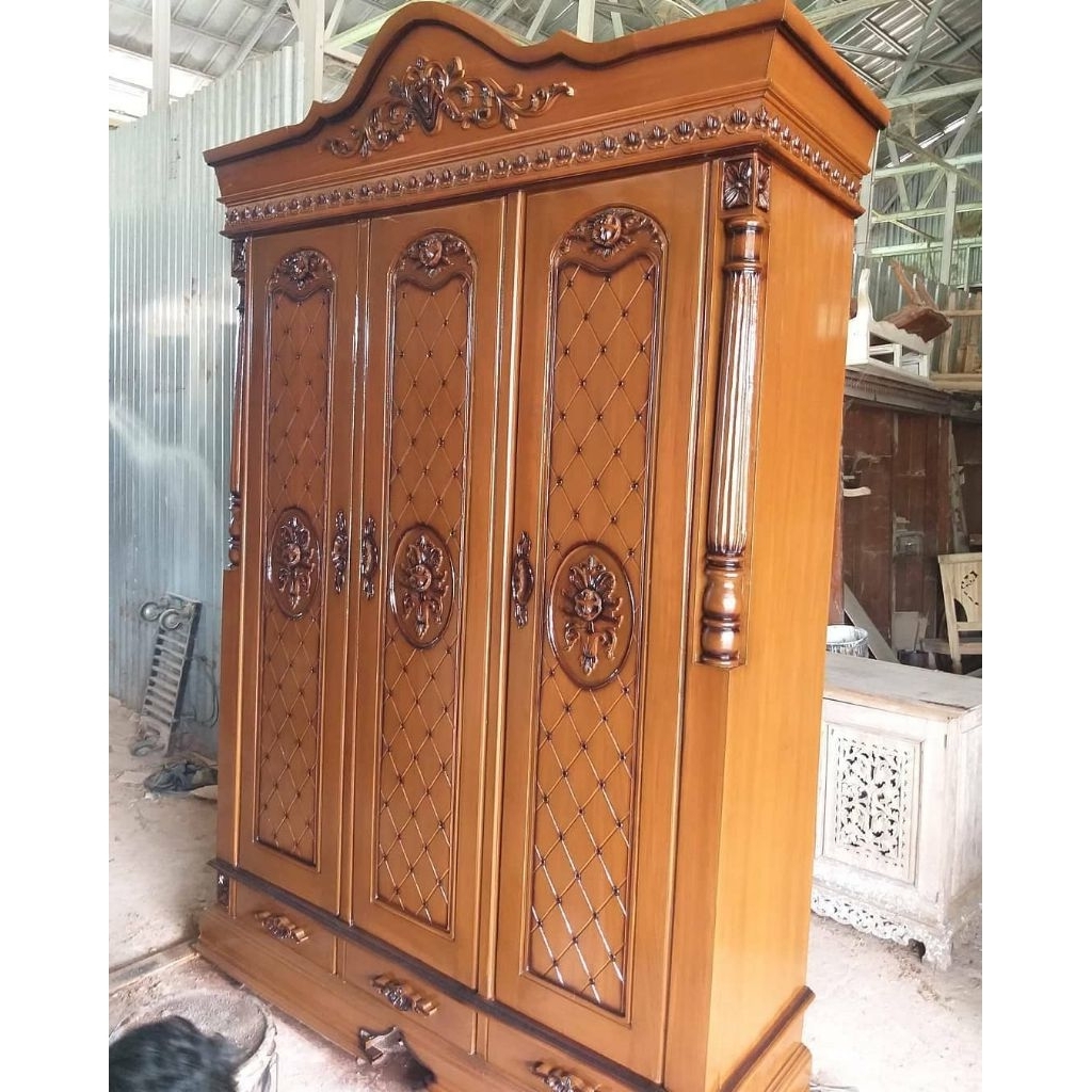 Lemari 3 pintu Kayu Jati / Lemari baju Estetik Kayu Jati Jepara / Almari Pakaian aesthetic