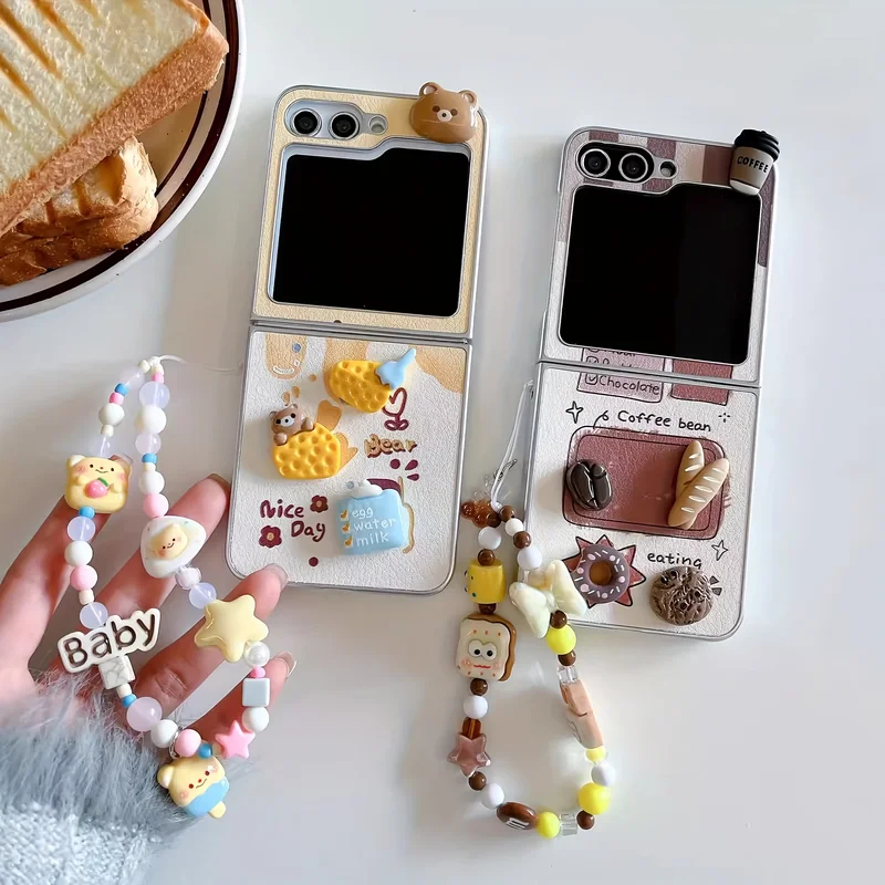 2025 3D Cartoon Donut Bear Fold Case For Galaxy Z Flip 6 5 4 3 W/Chain, Cute Coffee Food Theme Phone