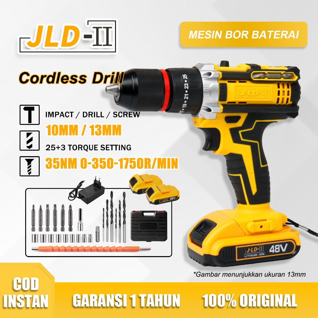 JLD-II Mesin Bor Baterai 48V 13mm chuck besi bor impact fullset bor cas 2batre Bor tangan kabel Cord