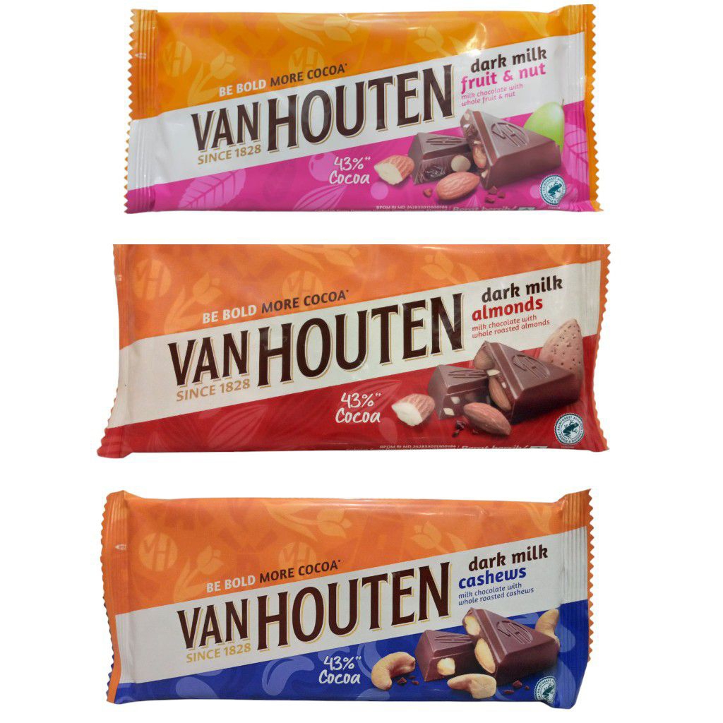 

Van Houten Dark Milk 140g / Cokelat Batangan Van Houten Rasa Dark Milk Fruit & Nut, Dark Milk Cashews, Dark Milk Almonds - 43% Cocoa