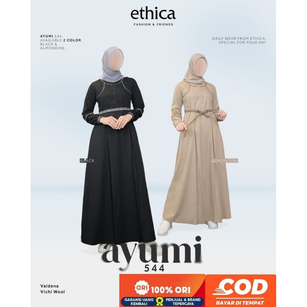 Gamis Ethica Ayumi 544 Black ,Almondine/Gamis Ethica Terbaru/Original