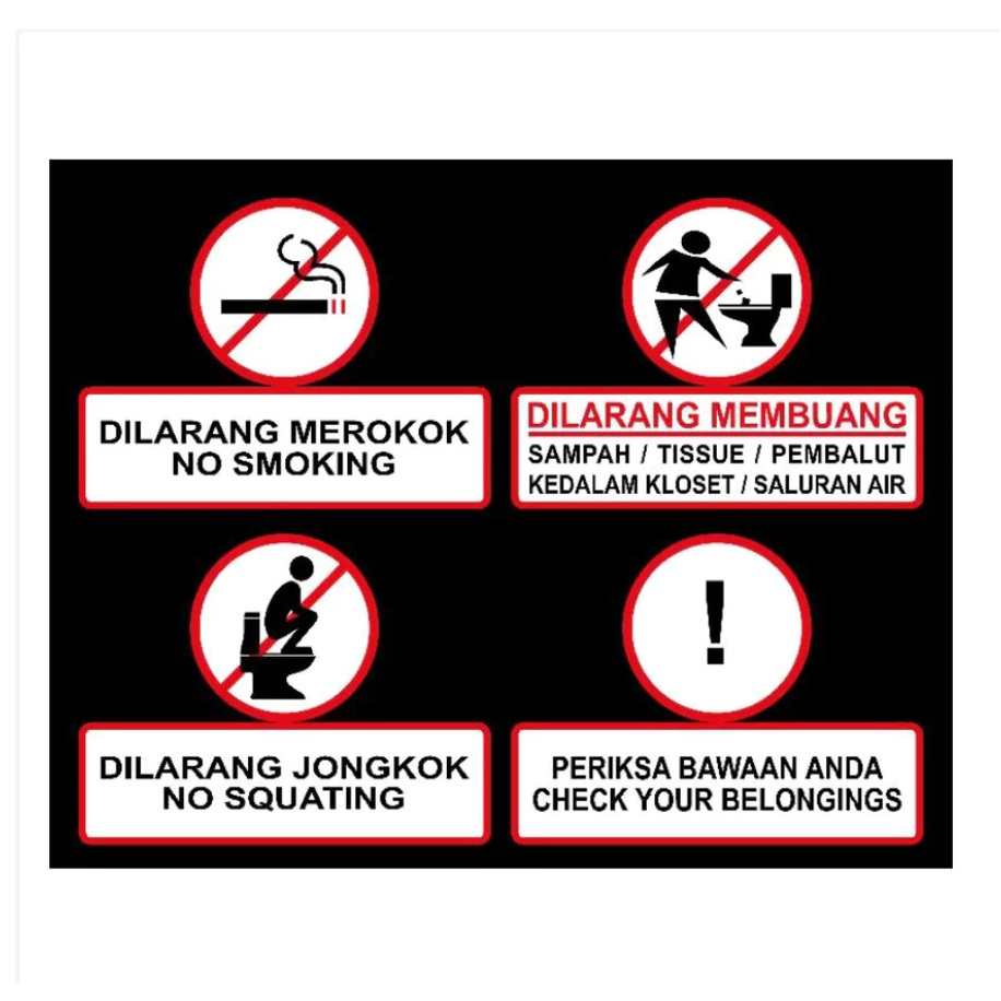 

STIKER LABEL PERINGATAN TOILET 15x20 cm NO SMOKING SQUATTING BUANG SAMPAH BARANG BAWAAN