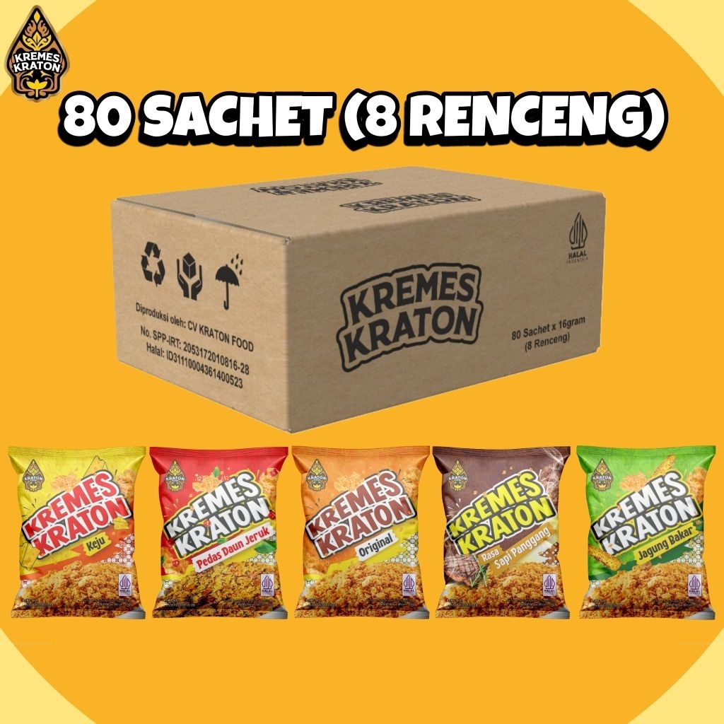 

wadistroalip Kremes Kraton Sachet Dus - 80 x 16g (8 Renceng) , Pedas Daun Jeruk, Keju, Jagung Bakar,