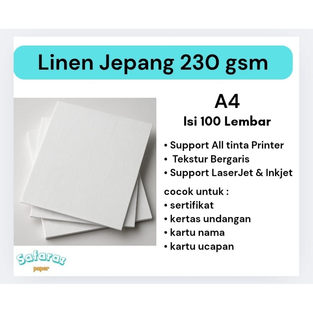 

Kertas Linen Premium Jepang 230 gsm Ukuran A4 Isi 100 Lembar. Kertas Terbaik Untuk Sertifikat, Undangan, Kartu Nama.
