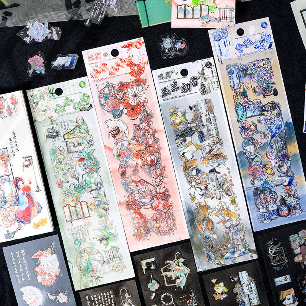 

(7G) sticker transparan silver foil design cina kuno ancient china wubao burung kipas fan bird