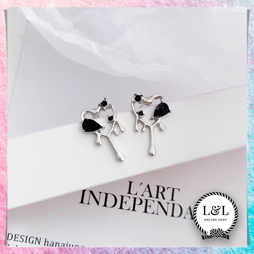 Anting Korea Mewah Model Hati Tongkat Berlian Aksesoris Wanita Korean Style Anting Berlian Hitam Ben