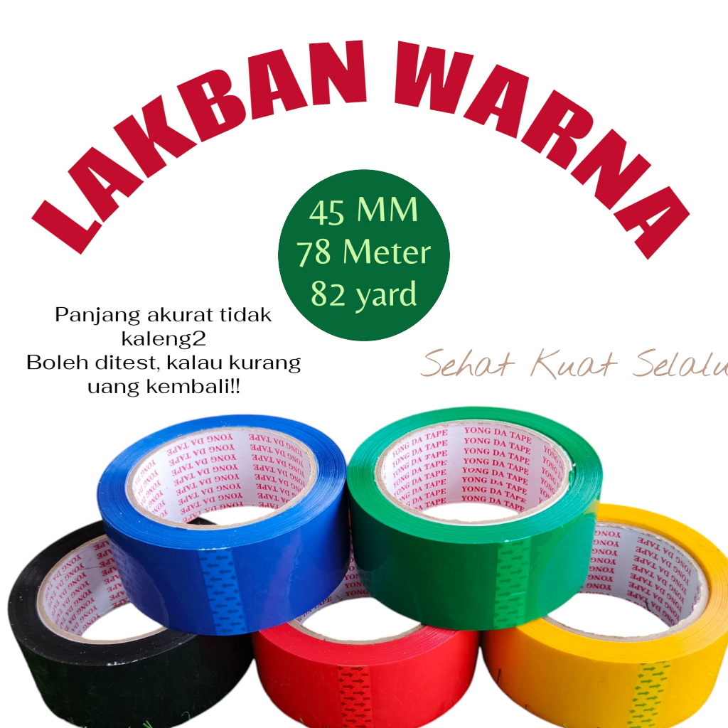 

LAKBAN WARNA WARNI|OPP COLOR TAPE 45 MMX82 YARD / 75 METER | SOLATIP LEM PEREKAT WARNA