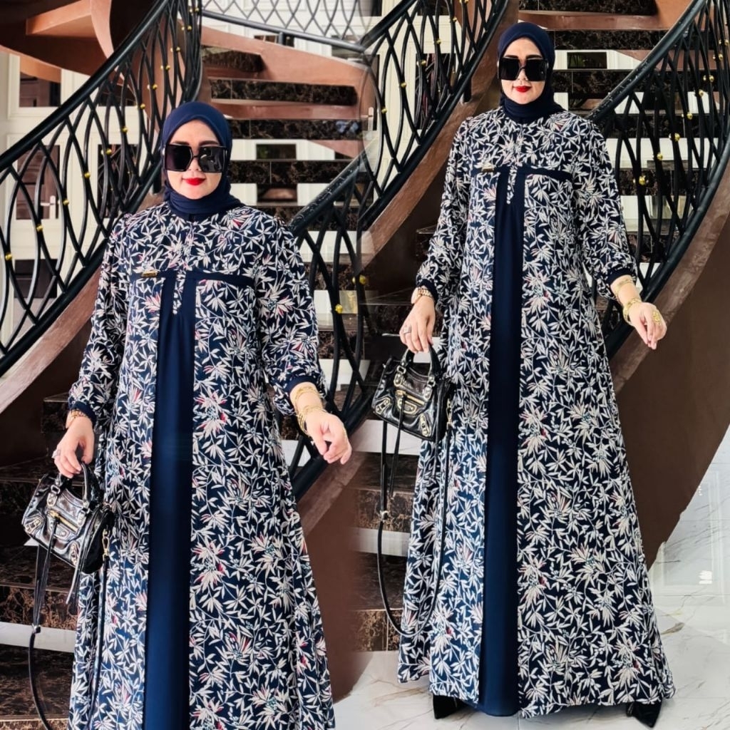 Gamis Syafeera Set Cardi Menyatu / Gamis Syafeera motif bunga navy / COD