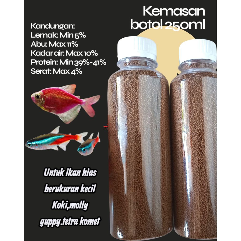 Pelet ikan kecil/Pelet ikan /PF 500/Pf 500 kemasan botol 250ml/Pelet ikan kecil/Pelet guppy molly/Pe