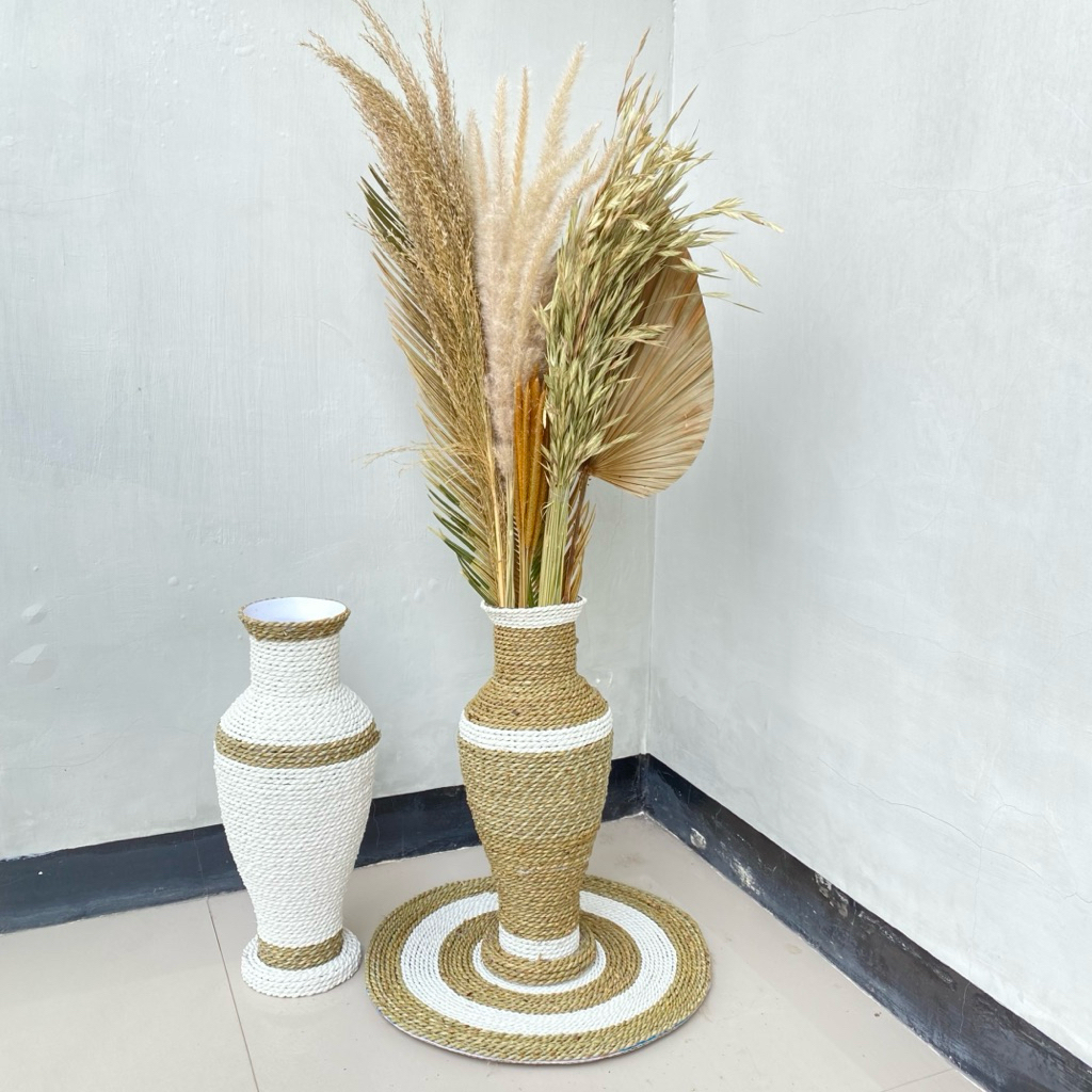 Paket Lengkap Bunga dan Pot | Daun Palem Kering | Bunga Kering | Pampas | Rayung | Dekorasi Rustic |
