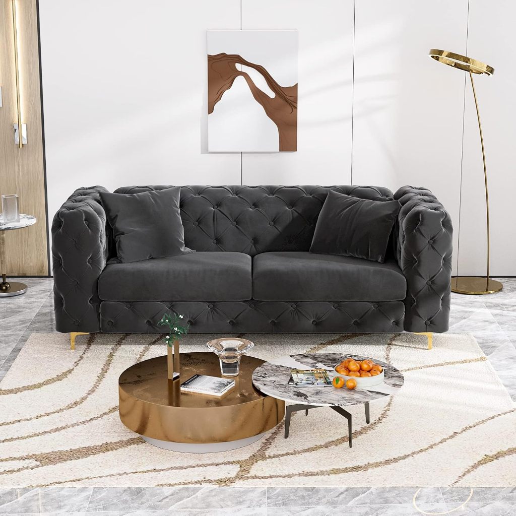 Sofa Chesterfield Modern 180cm | Sofa Tamu Tufted Kaki Gold Velvet Mewah Gratis Bantal