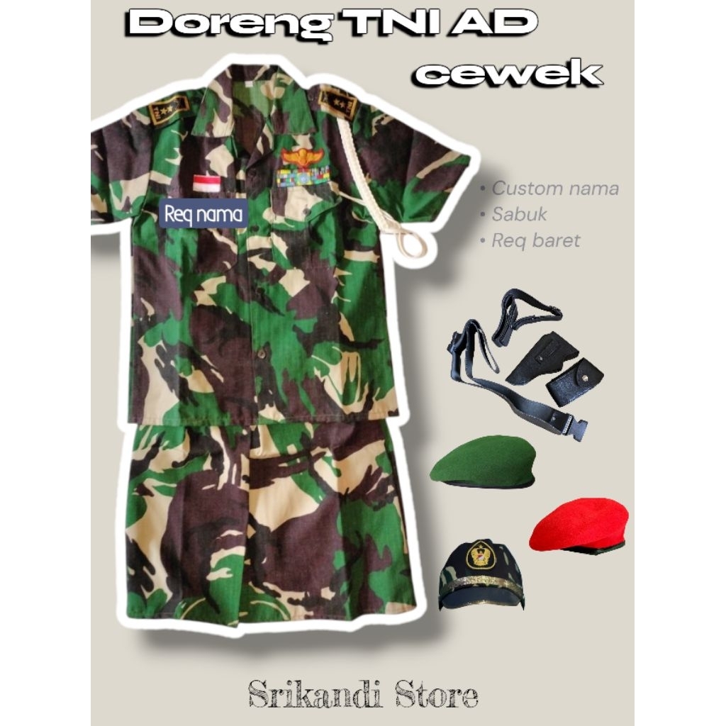 BAJU SERAGAM TNI AD CEWEK TERLENGKAP & CUSTOM BORDIR NAMA/ BAJU KARNAVAL SERAGAM DORENG TNI AD CEWEK