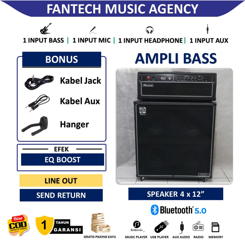 Ampli Bass 4x12 Inch bluetooth bisa untuk karaoke Ampeg 3 Input Head Cabinet Bonus Kabel Jack 3 Mete