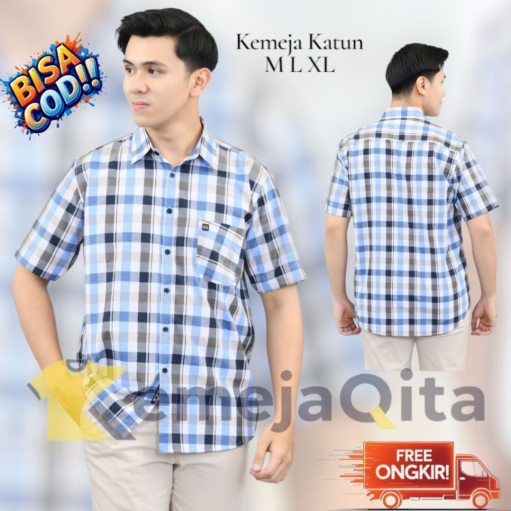 MURAH BANGET Kemeja Pria Katun Lengan Pendek Motif Garis Kotak Standar M L XL Handmade Formal Santai