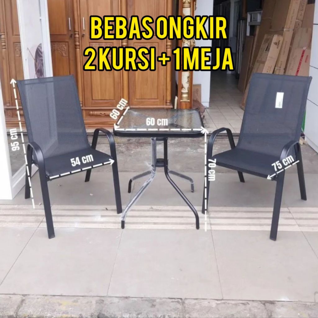 KURSI SET 2 KURSI BESI + 1 MEJA KACA | KURSI MEJA TERAS SET