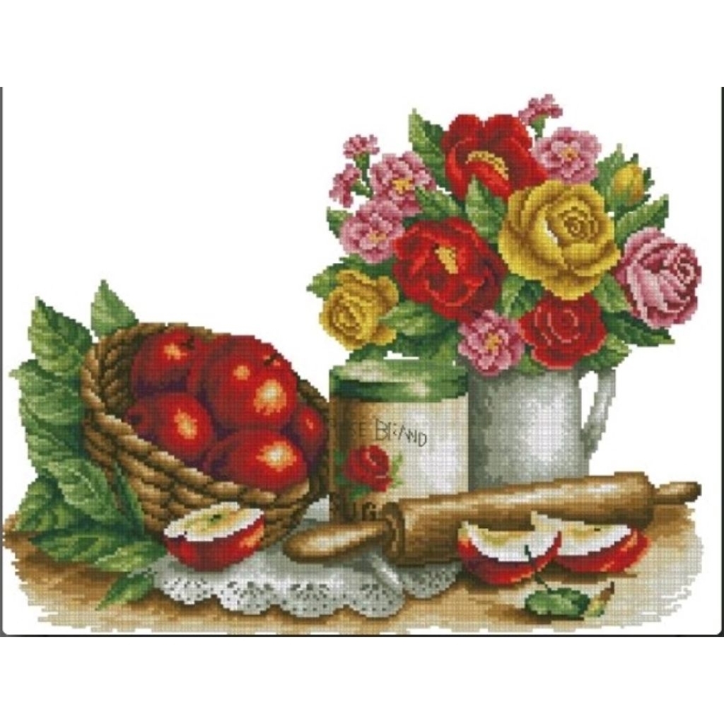 Paket kristik bunga mawar dan buah apel cross stitch 14ct