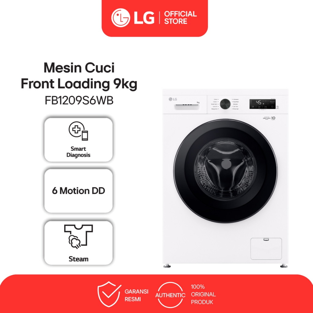 LG Mesin Cuci Front Loading 9kg - 6 Motion DD - Steam - Inverter Direct Drive White - Model FB1209S6