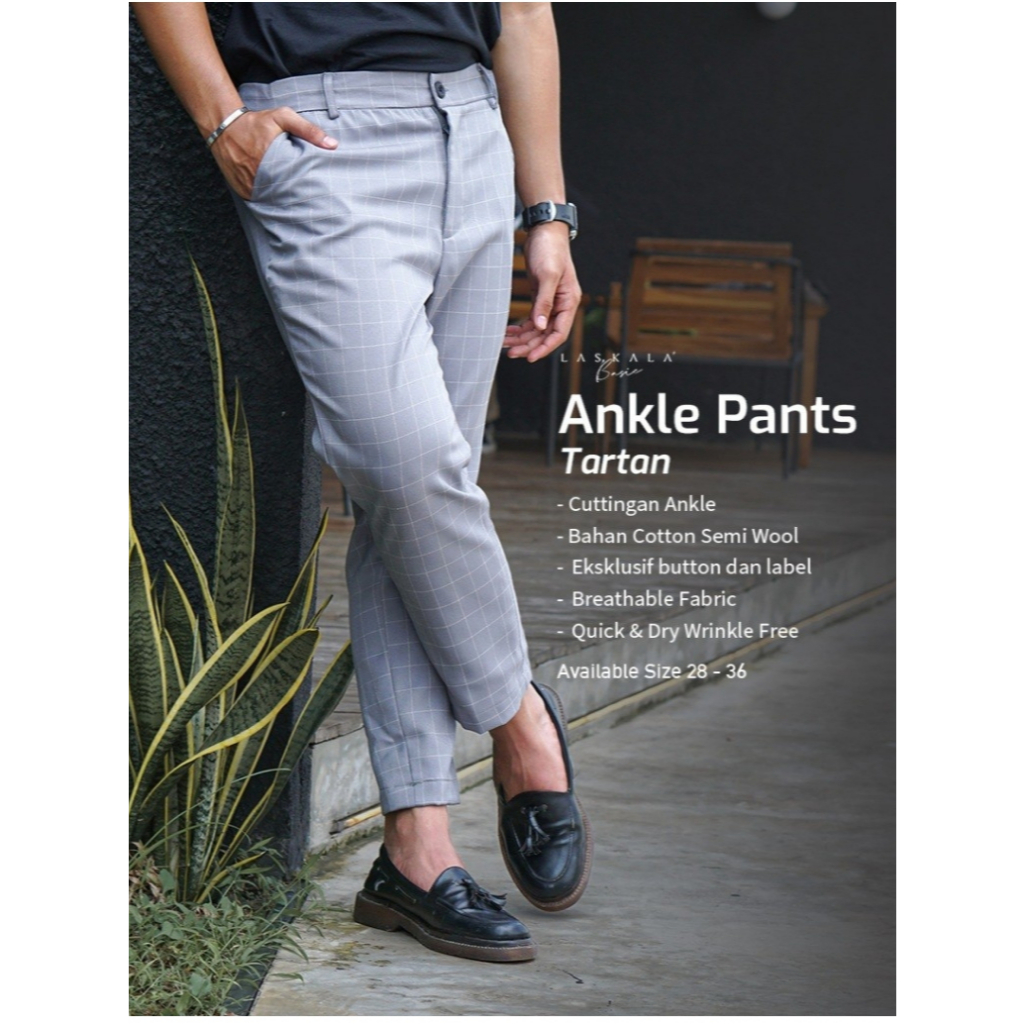 HAVAR x HAILUK Ankle Pants Tartan Abu Celana Panjang Slimfit Pria-
