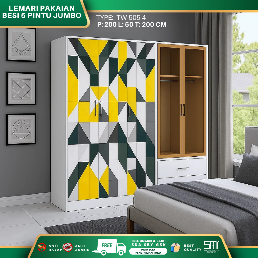 ASENCIO - Lemari Pakaian Besi 5 Pintu LED TW-505-4, Lemari Besi 2 Meter LED Swing, Lemari Baju Besi