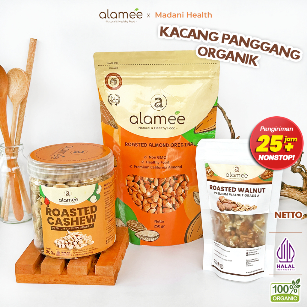 

ALAMEE Kacang Almond Almon Mede Walnut Pistachio Kupas Panggang Roast Roasted Oven Siap Makan